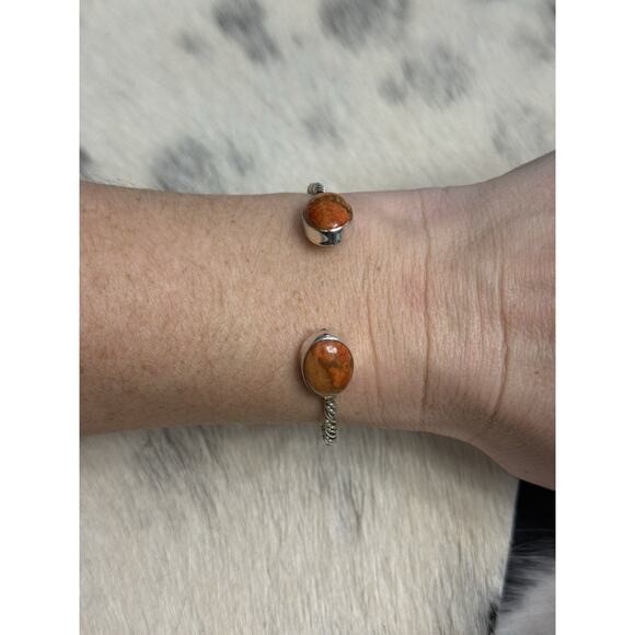 Vintage Native American Sterling Silver Orange Coral Floater Cuff Bracelet